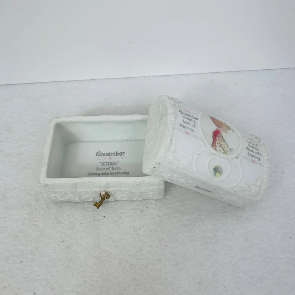 November Topaz Porcelain Treasure Chest Trinket Box White Ceramic Birthstone